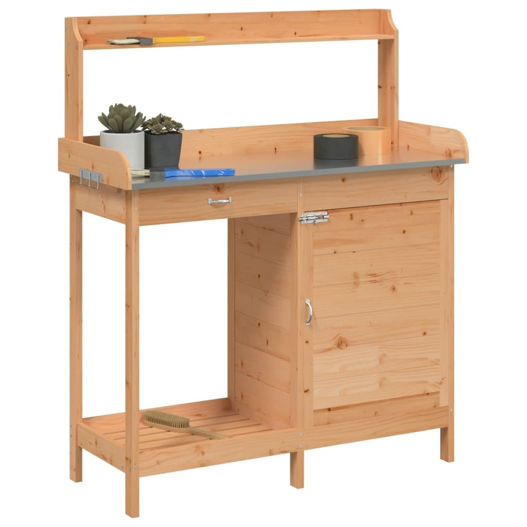 vidaXL Mesa de Trasplante Móvil de Madera Maciza de Abeto con Encimera de Zinc 110,5x45x124,5cm Marrón - Image 70 of 71