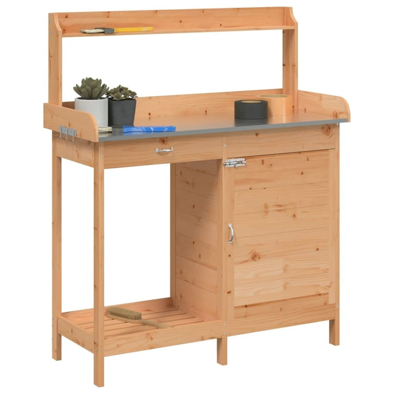 vidaXL Mesa de Trasplante Móvil de Madera Maciza de Abeto con Encimera de Zinc 110,5x45x124,5cm Marrón - Image 45 of 71