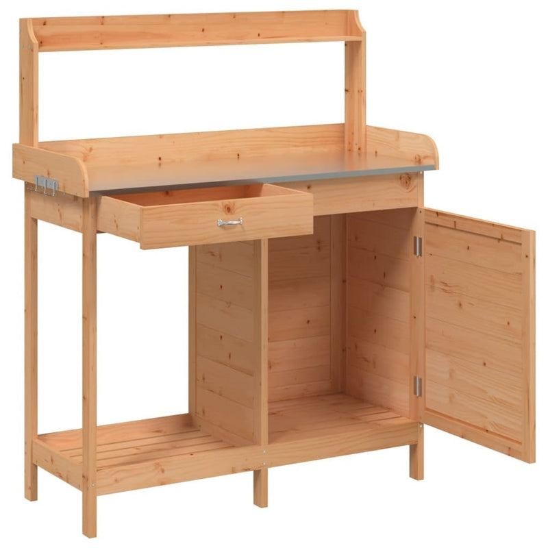 vidaXL Mesa de Trasplante Móvil de Madera Maciza de Abeto con Encimera de Zinc 110,5x45x124,5cm Marrón - Image 55 of 71