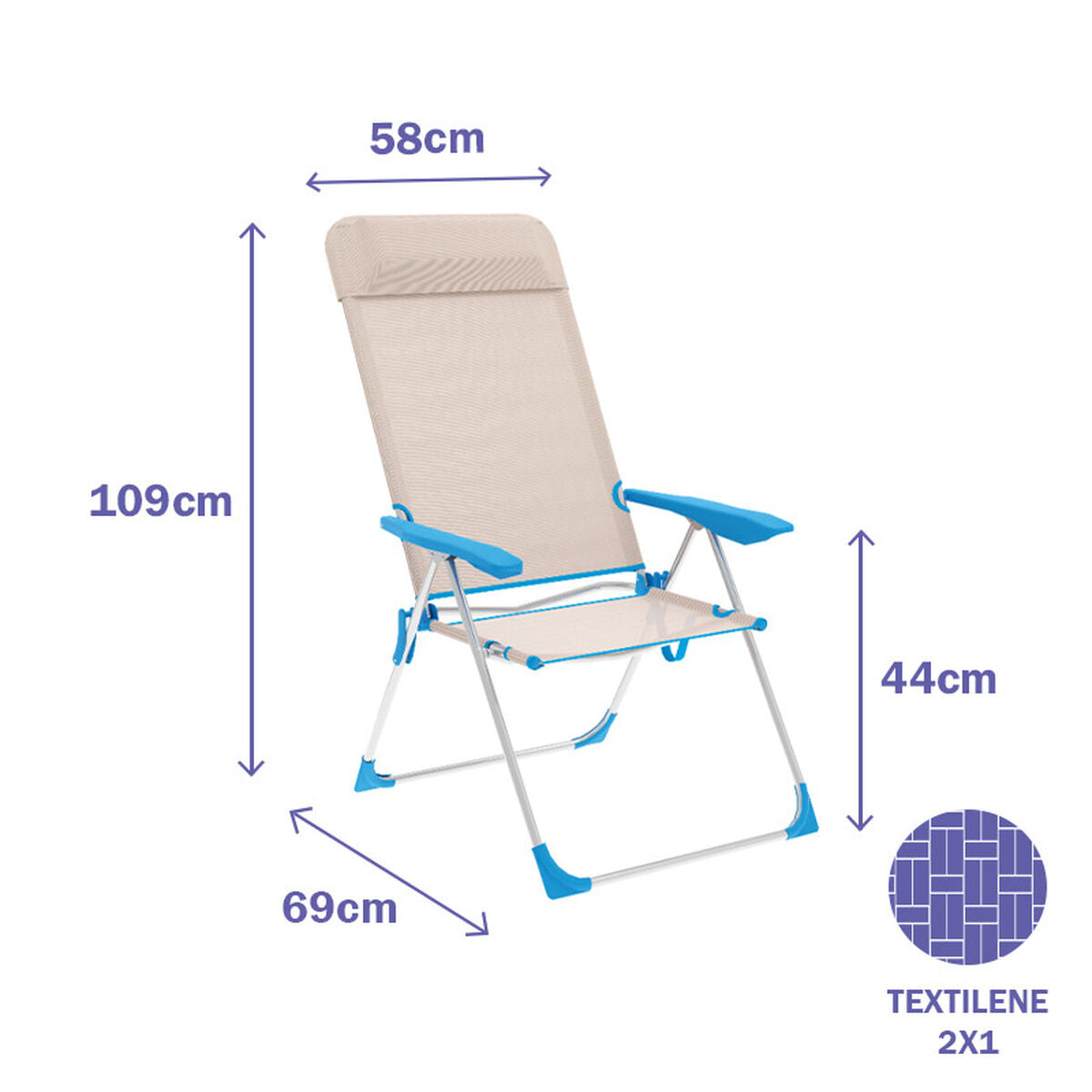 Marbueno Silla Plegable 5 Posiciones Aluminio con Cojin Beige/Azul Playa y Piscina 69X58X109 cm 10175 - Image 2 of 2