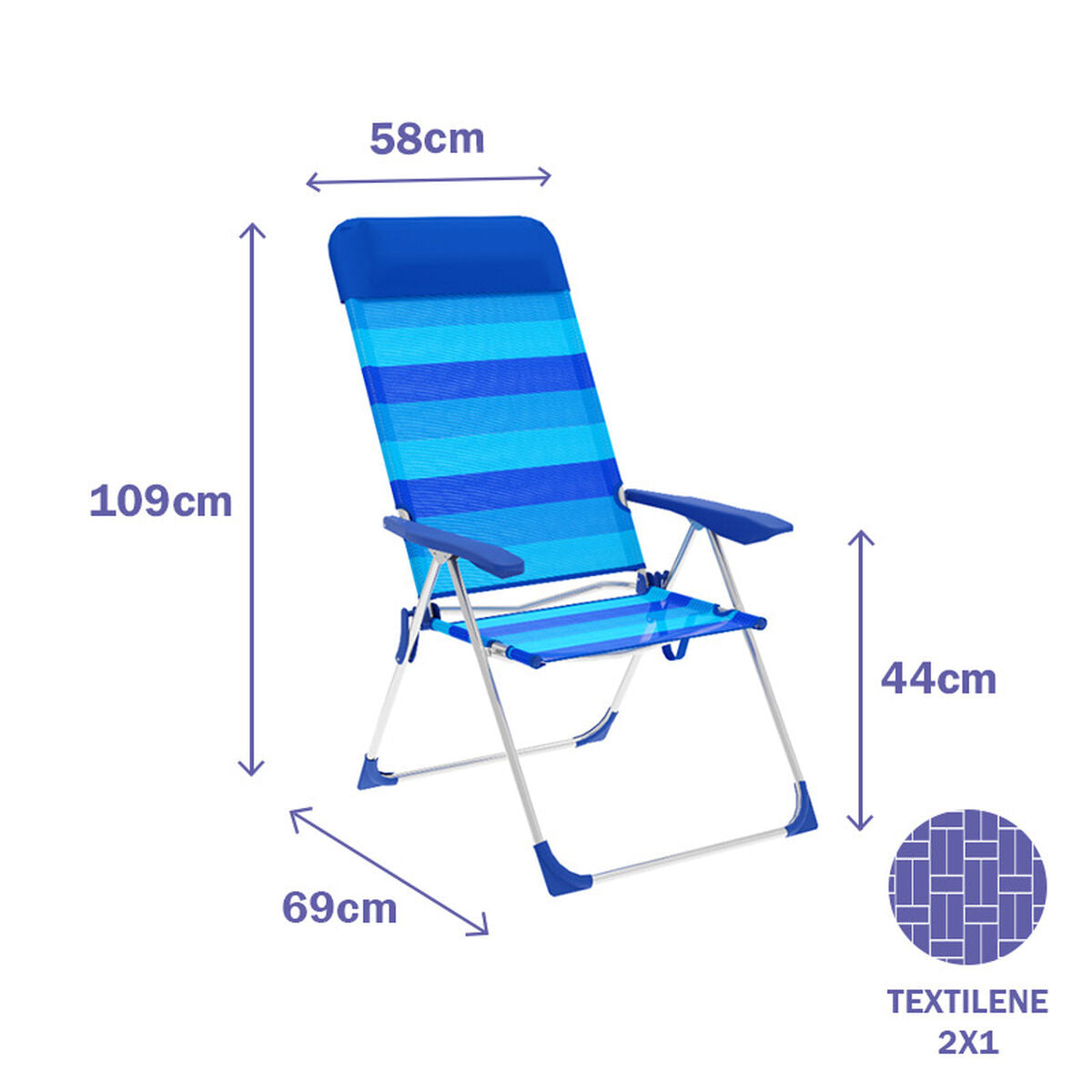 Marbueno Silla Plegable 5 Posiciones Aluminio con Cojin Rayas Azules Playa y Piscina 69X58X109 cm 10248 - Image 2 of 2