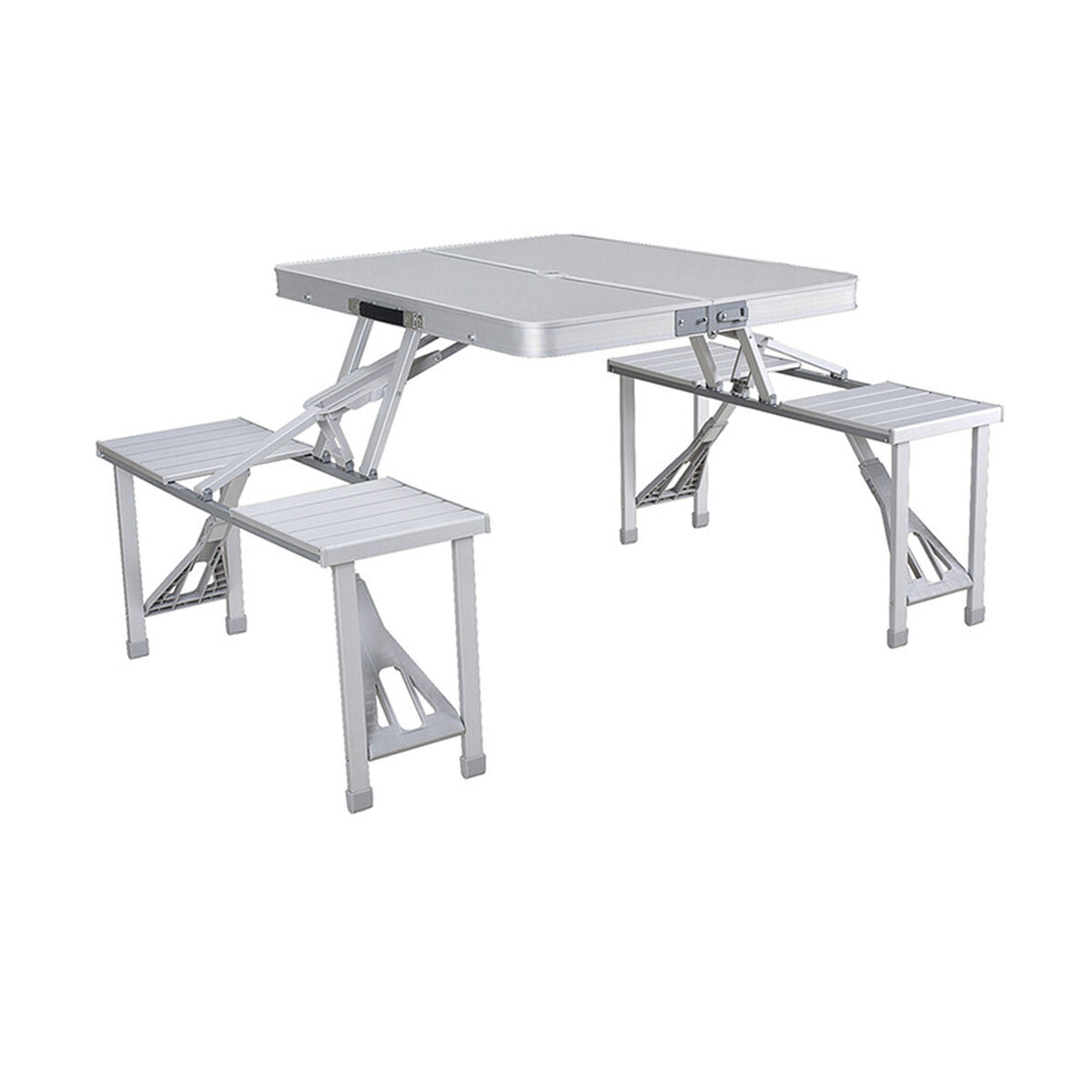 Marbueno Set Mesa y 4 Asientos con Agujero Sombrilla Plegable Aluminio Gris Camping y Playa 136X85X67 cm 10439 - Image 1 of 3