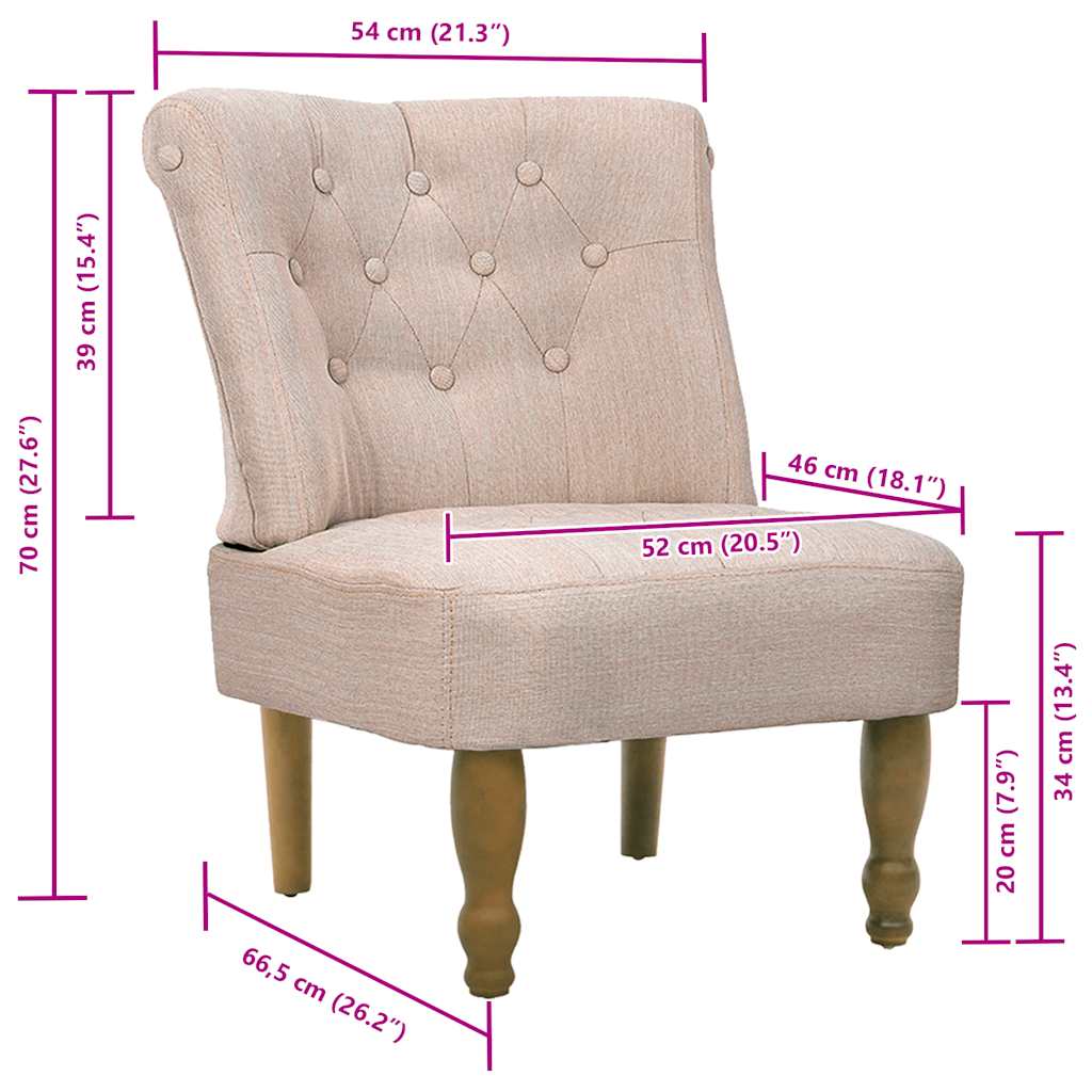 vidaXL Sillones de Estilo Francés, 2 piezas, Tejido de Poliéster Crema, 54 x 66,5 x 70 cm - Image 7 of 8