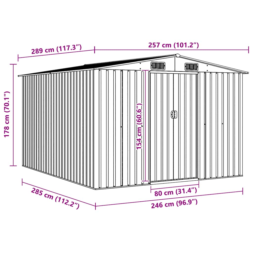 vidaXL Galvanized Steel Garden Shed 257x298x178 cm Grey - Image 9 of 10