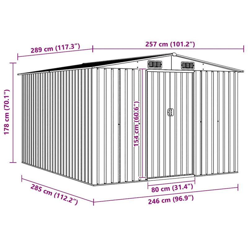 vidaXL Galvanized Steel Garden Shed 257x298x178 cm Grey - Image 9 of 10