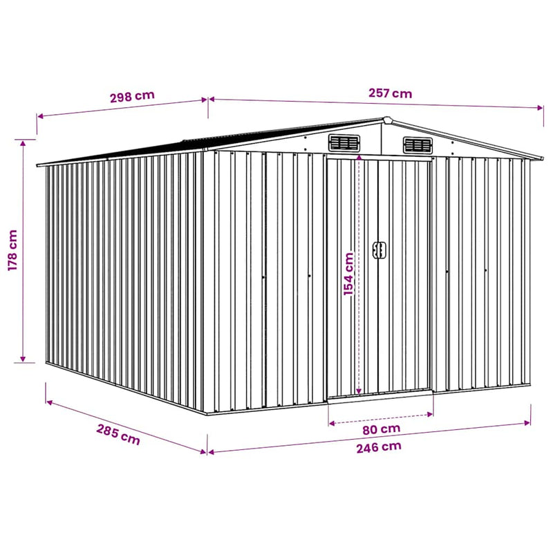 Caseta de Jardín vidaXL de Acero Galvanizado 257x298x178 cm Antracita - Image 9 of 10