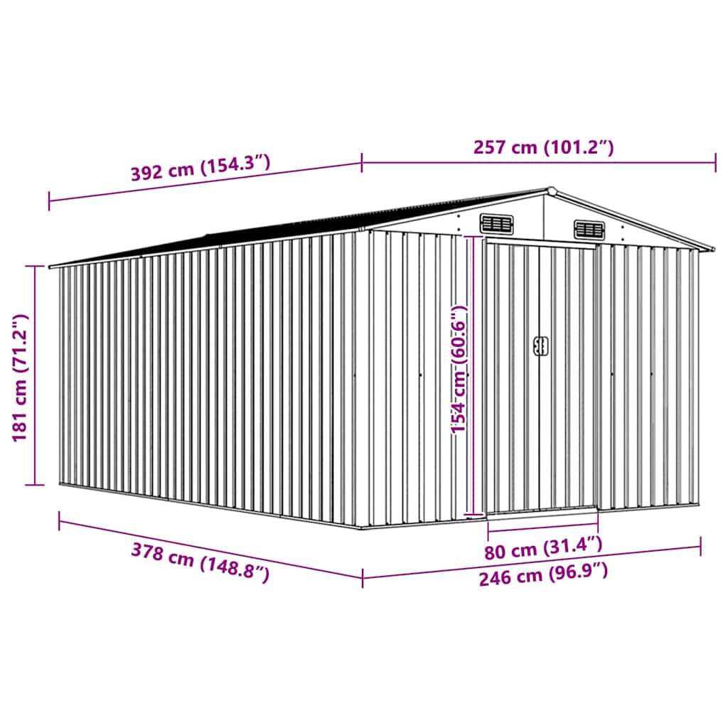 vidaXL Galvanized Steel Garden Shed 257x392x181 cm Gray - Image 8 of 9