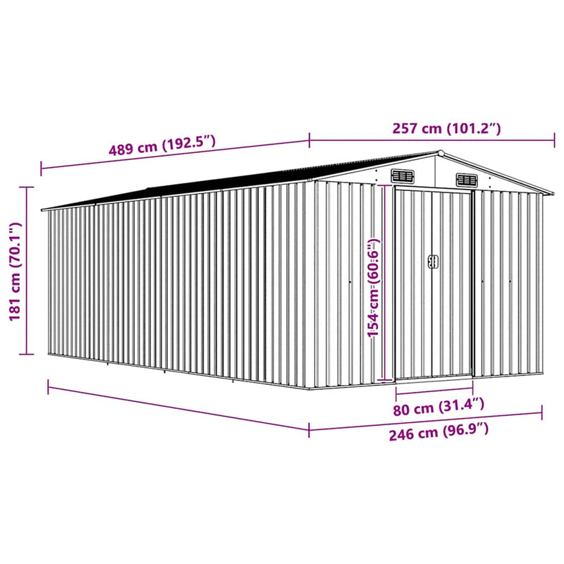 vidaXL Garden Shed Galvanised Steel 257x489x181 cm Green - Image 7 of 8