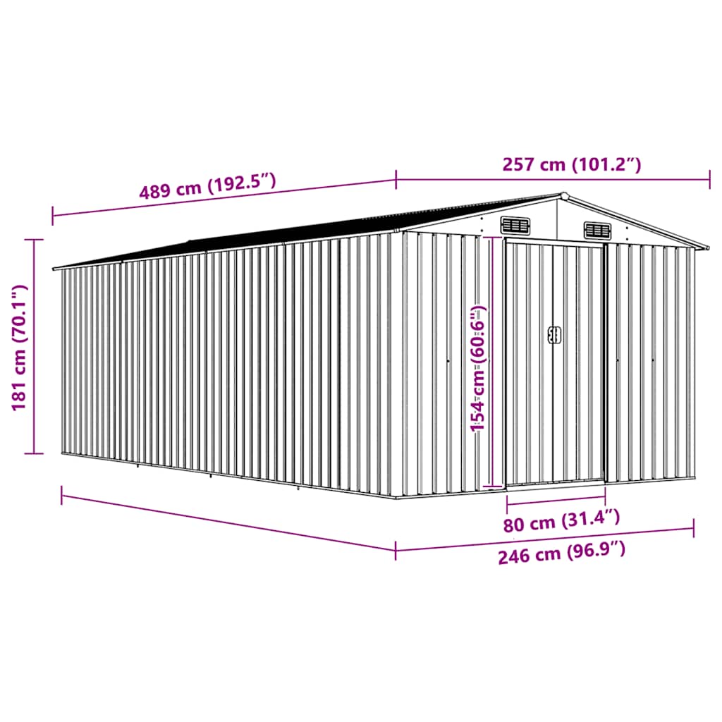 vidaXL Galvanized Steel Garden Shed, 257x489x181 cm, Grey - Image 7 of 8