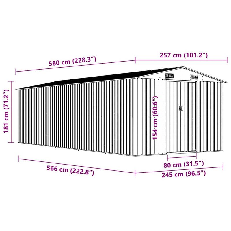 vidaXL Galvanized Steel Garden Shed, 257x580x181 cm, Grey - Image 7 of 8