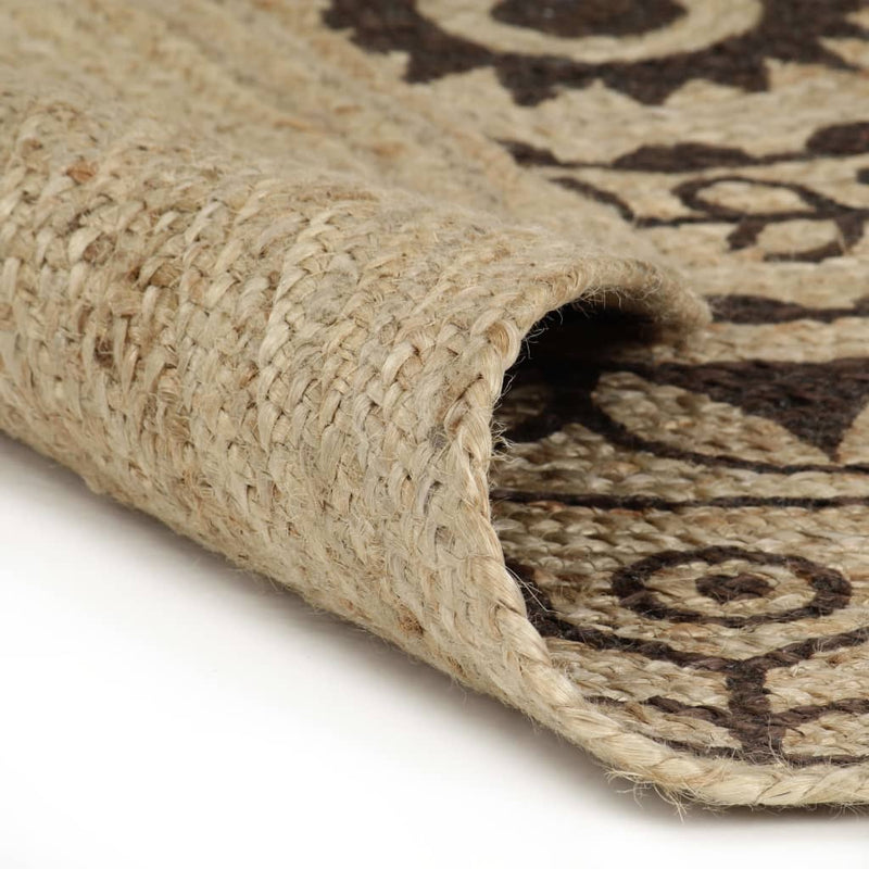 Tappeto Rotondo in Juta Lavorato a Mano, Stampa Floreale Marrone Scuro, Ø 150 cm - Image 1 of 3