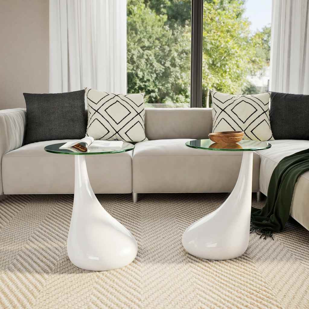 Set 2 Tavolini da Salotto Vetro e Fibra di Vetro Ø42 cm Bianco Lucido - immagine 5 | SolPatio - Image 5 of 10