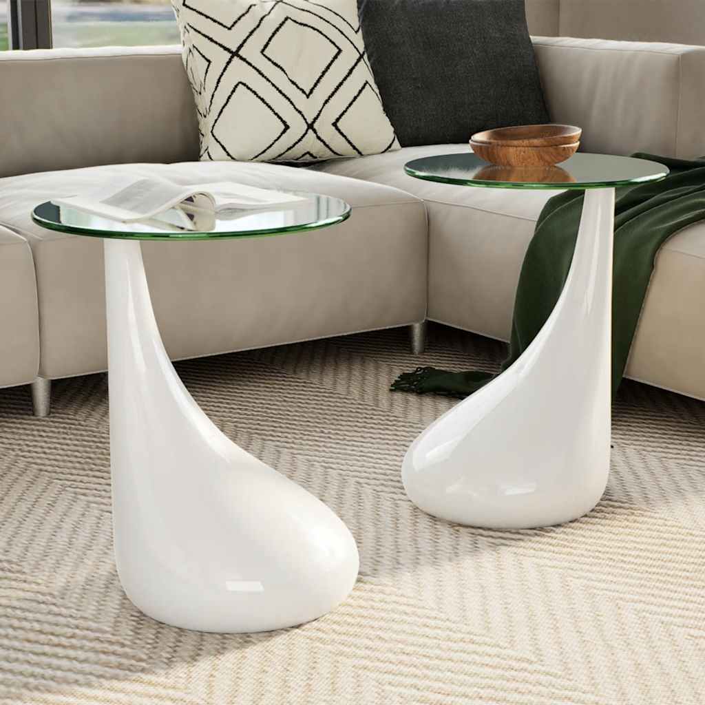 Set 2 Tavolini da Salotto Vetro e Fibra di Vetro Ø42 cm Bianco Lucido - immagine 1 | SolPatio - Image 1 of 10