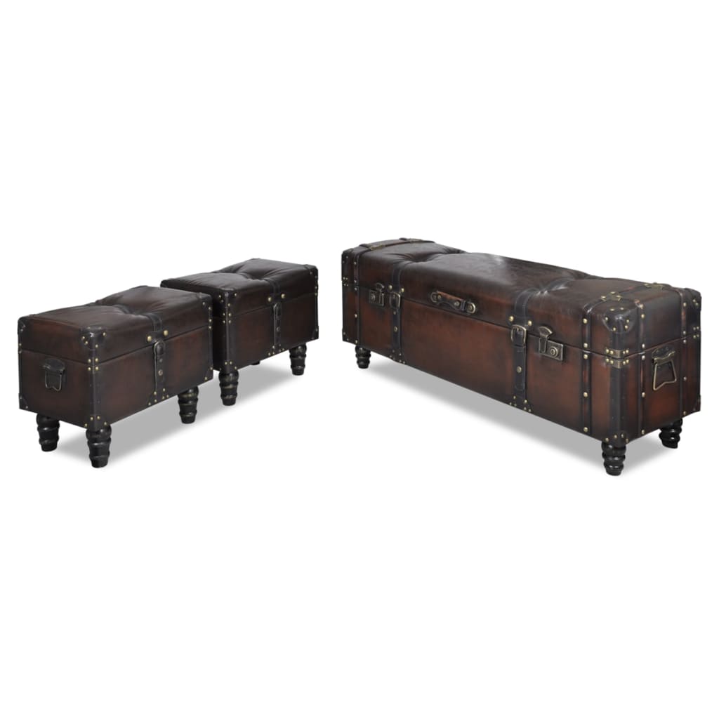 vidaXL Cassapanca Set 3 pz in Legno di Pino Massello e PU, Panca 112x36x42,5 cm, Marrone - Image 8 of 9