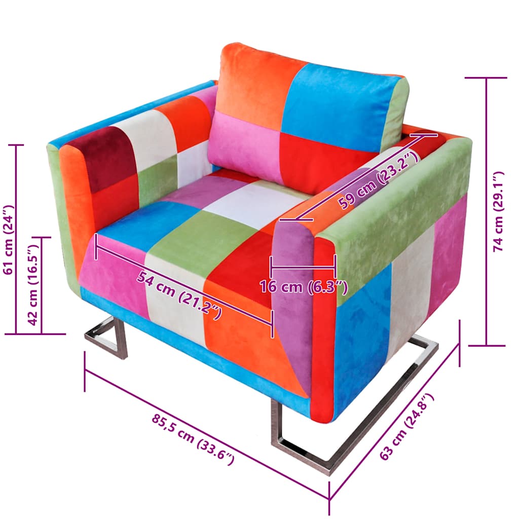 vidaXL Sillón Cúbico de Tela Patchwork, Patas Cromadas, 85,5 x 63 x 74 cm, Multicolor - Image 6 of 7