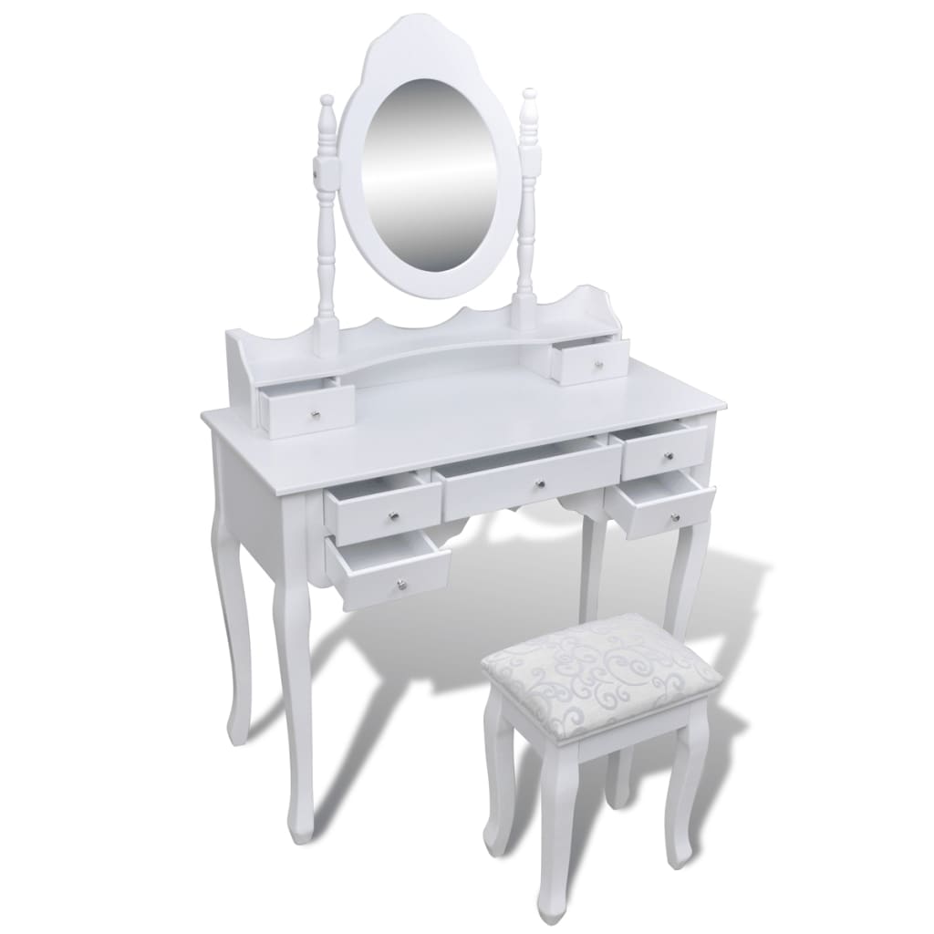 vidaXL Dressing Table with Mirror and Stool 7 Drawers White - Image 2 of 9