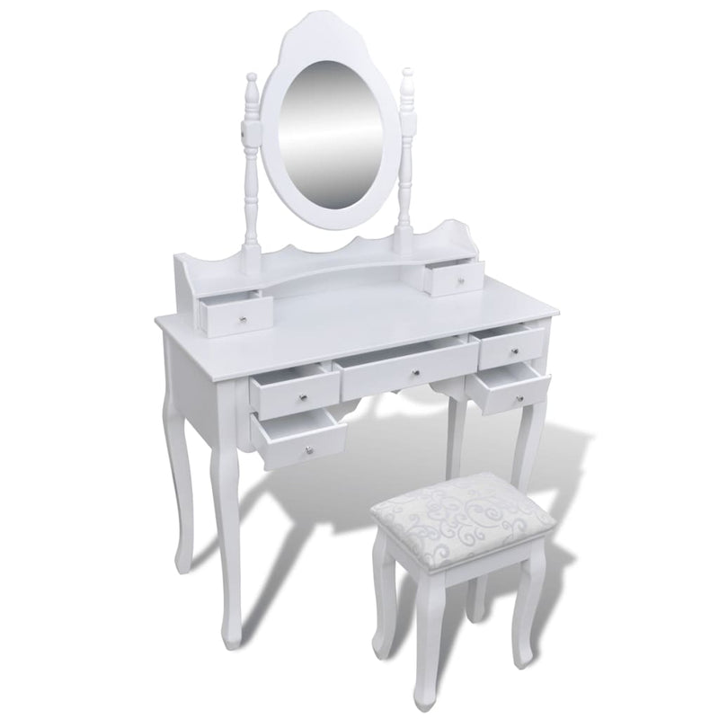 vidaXL Dressing Table with Mirror and Stool 7 Drawers White - Image 2 of 9