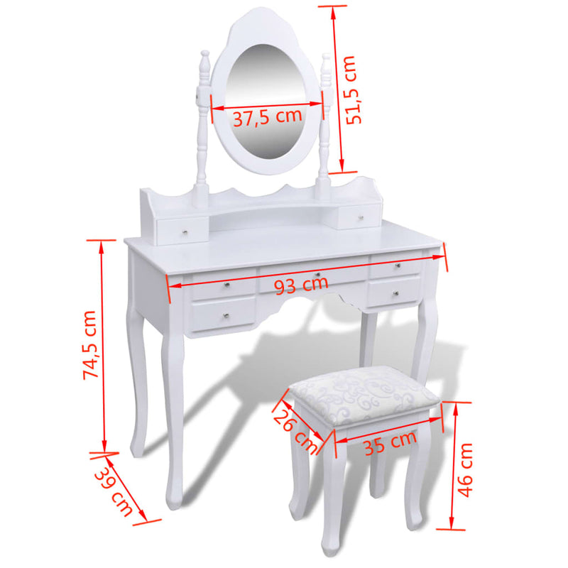 vidaXL Dressing Table with Mirror and Stool 7 Drawers White - Image 8 of 9
