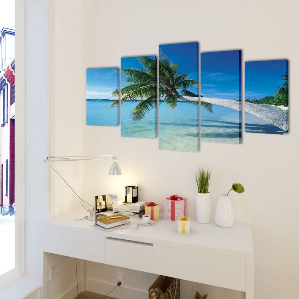 5 pz Set Stampa su Tela da Muro Spiaggia con Palma 200 x 100 cm - Image 1 of 2