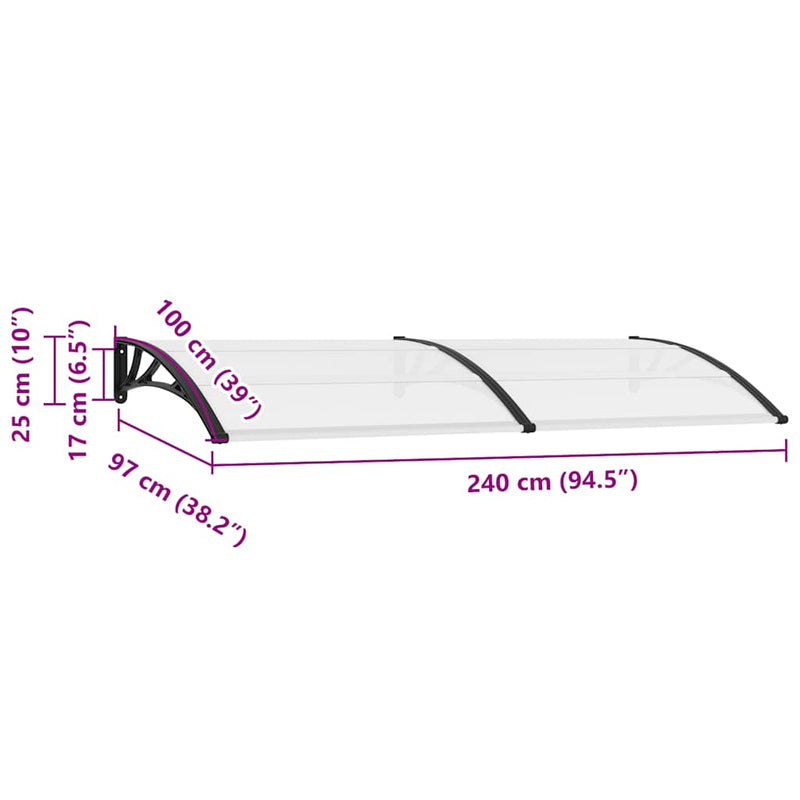 vidaXL Polycarbonate Door Canopy 240x100 cm Black and Transparent - Image 7 of 7