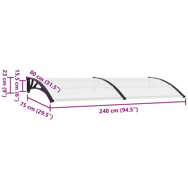 vidaXL Door Canopy, Polycarbonate, 240 x 75 cm, Black and Transparent - Image 7 of 7