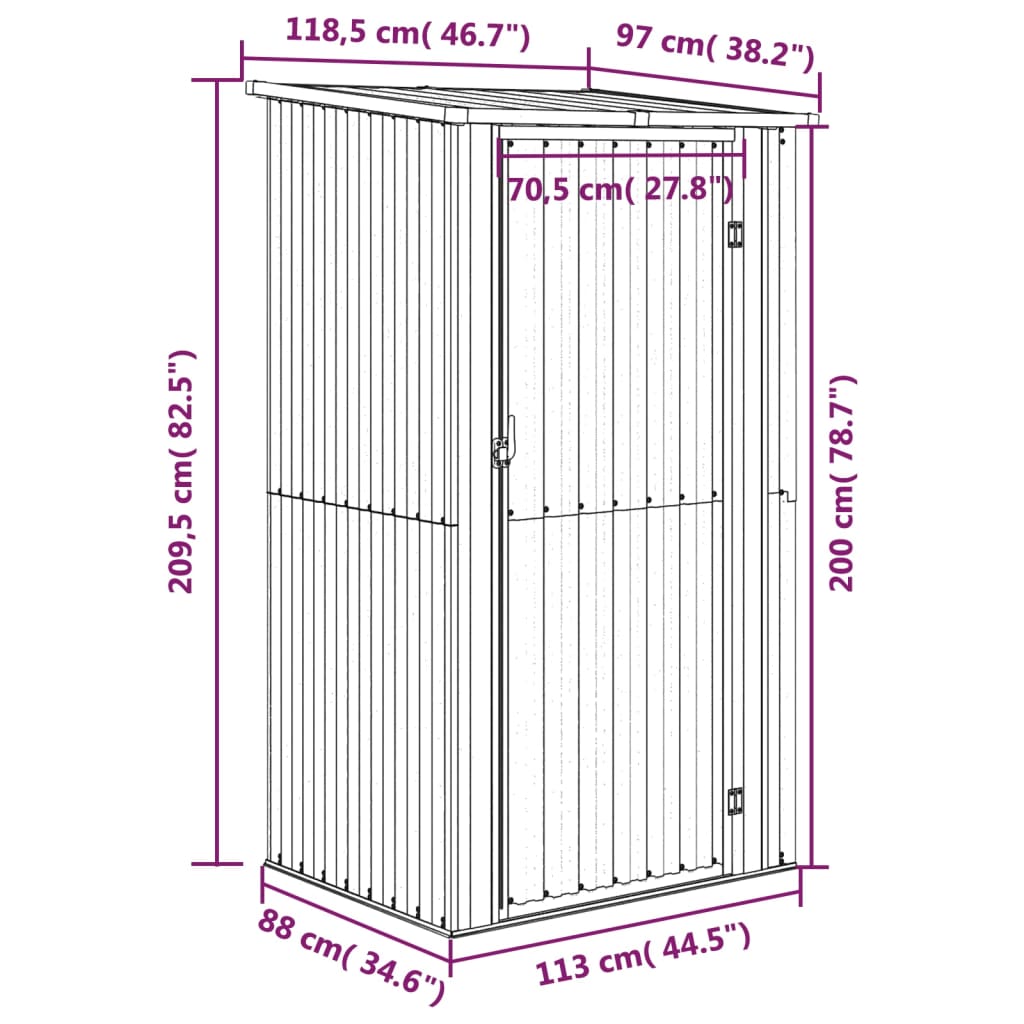vidaXL Caseta de jardín de acero galvanizado 118,5x97x209,5 cm Marrón - Image 7 of 7