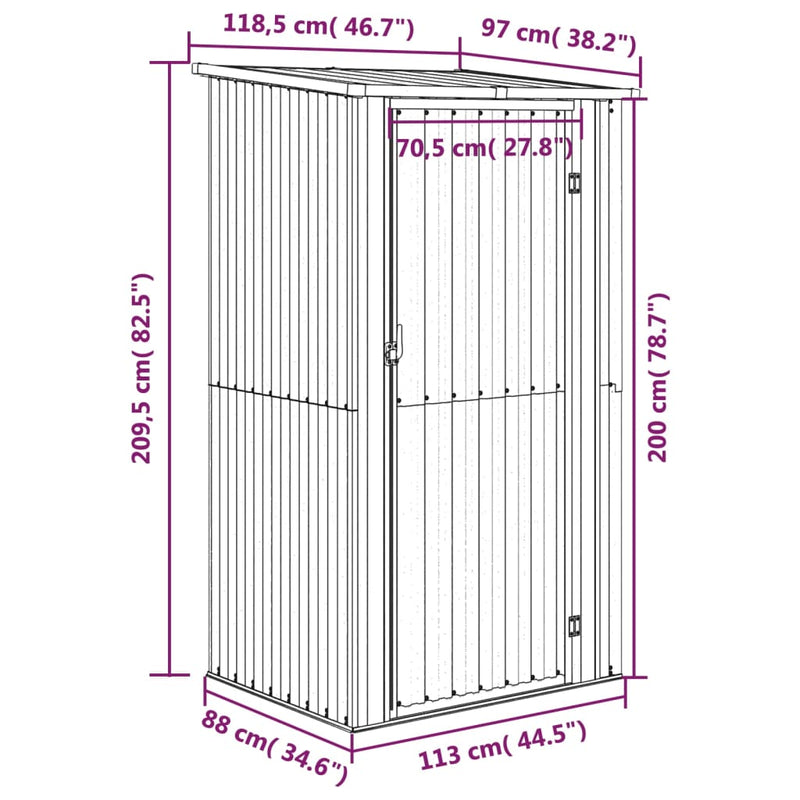 vidaXL Caseta de jardín de acero galvanizado 118,5x97x209,5 cm Marrón - Image 7 of 7