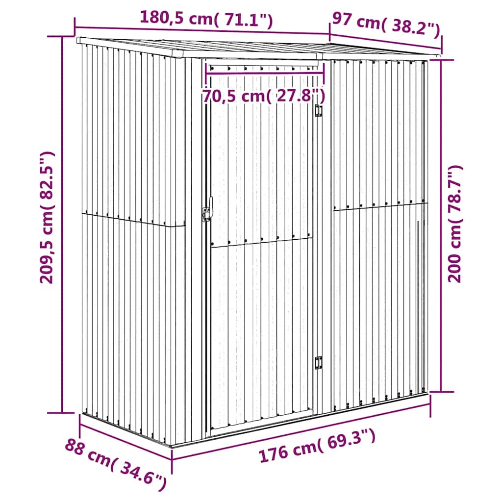vidaXL Galvanized Steel Bicycle Shed 180.5x97x209.5 cm Grey - Image 7 of 7