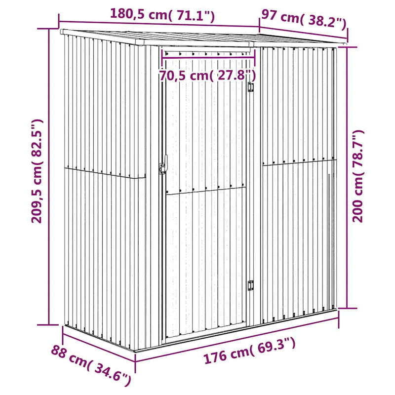 vidaXL Galvanized Steel Bicycle Shed 180.5x97x209.5 cm Grey - Image 7 of 7