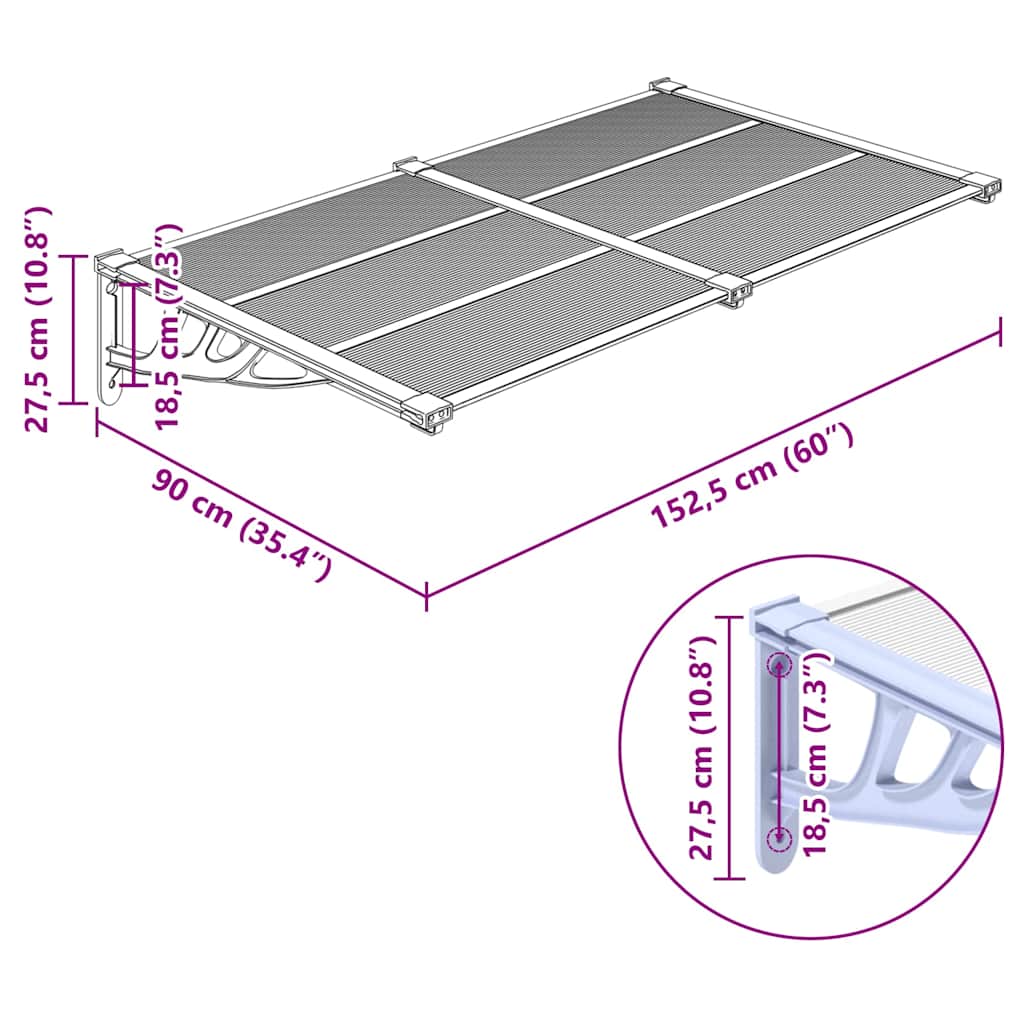 Toldo para puerta vidaXL de policarbonato 152,5x90 cm Gris y transparente - Image 15 of 15