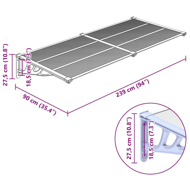 vidaXL Door Canopy, Polycarbonate and Aluminum, 122x90 cm, Grey and Transparent - Image 18 of 20