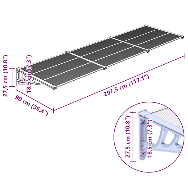 vidaXL Door Awning Polycarbonate 297.5x90x27.5 cm Grey and Transparent - Image 5 of 5