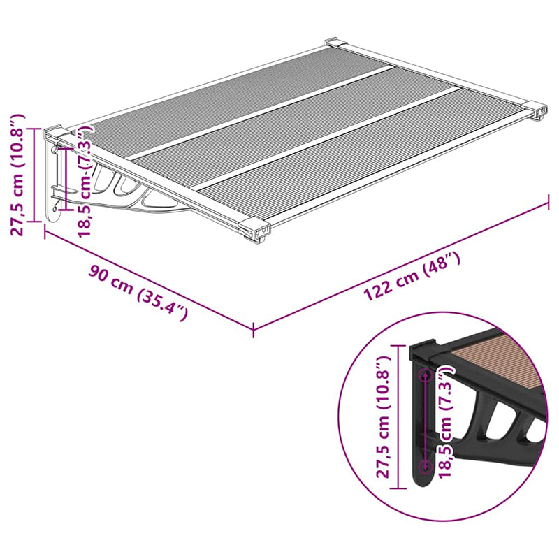 Toldo para puerta vidaXL de policarbonato y aluminio 122x90 cm, negro - Image 9 of 10