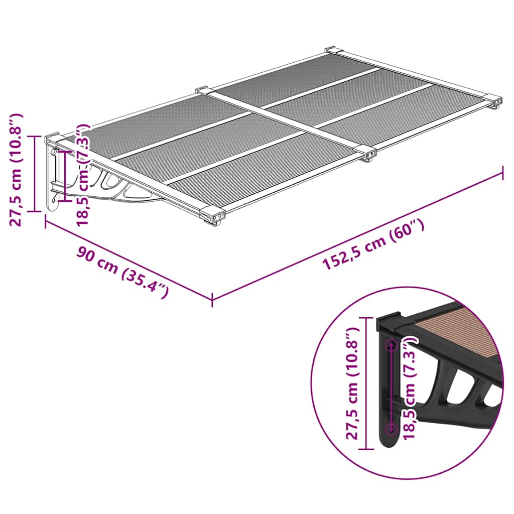 vidaXL Polycarbonate Door Awning, 152.5x90 cm, Black - Image 13 of 15
