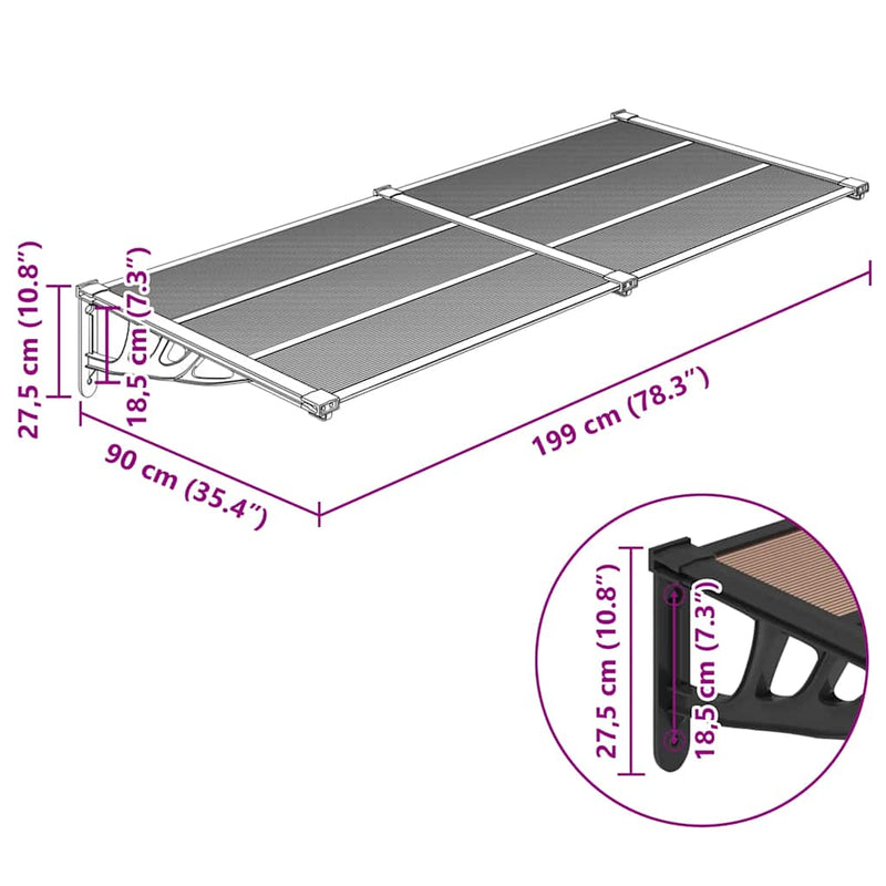 Toldo para puerta vidaXL de policarbonato y aluminio 122x90 cm, negro - Image 10 of 10