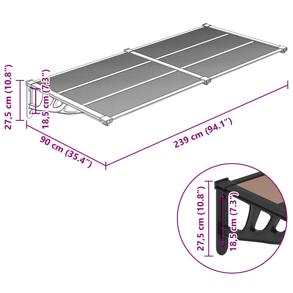 vidaXL Polycarbonate Door Awning 239x90 cm Black - Image 5 of 5