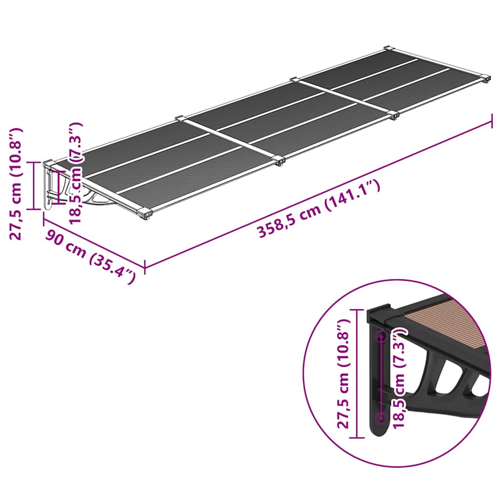 vidaXL Polycarbonate Door Canopy, 358.5x90 cm, Black - Image 9 of 10