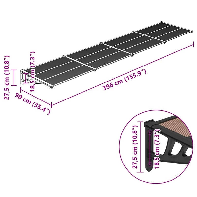 vidaXL Door Canopy, Polycarbonate and Aluminum, 396x90 cm, Black - Image 5 of 5