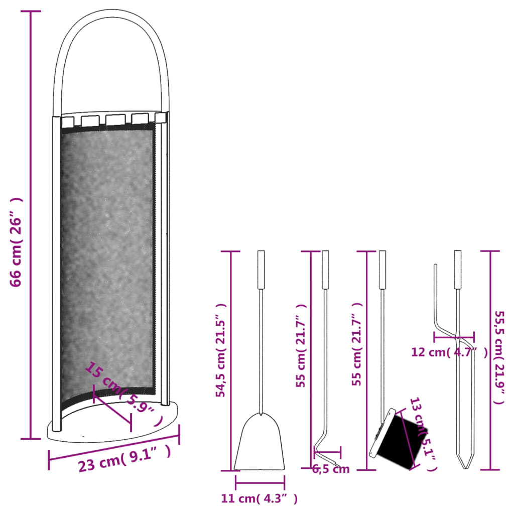 vidaXL Set di attrezzi per camino 5 pezzi 23x15x66 cm in acciaio - Image 9 of 9