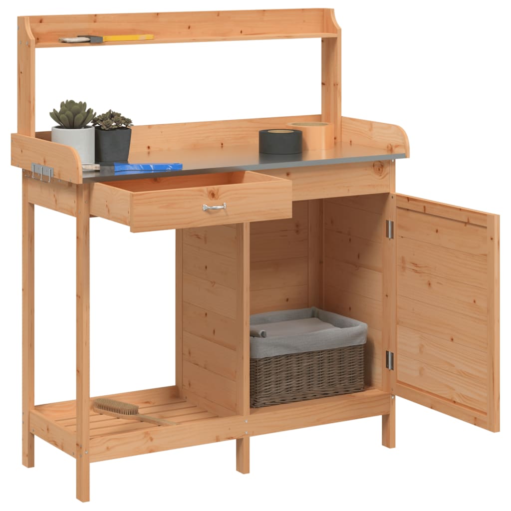 vidaXL Mobile Potting Table, Solid Fir Wood with Zinc Top, 110.5x45x124.5cm, Brown - Image 4 of 11