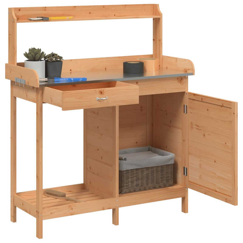 vidaXL Mobile Potting Table, Solid Fir Wood with Zinc Top, 110.5x45x124.5cm, Brown - Image 4 of 11