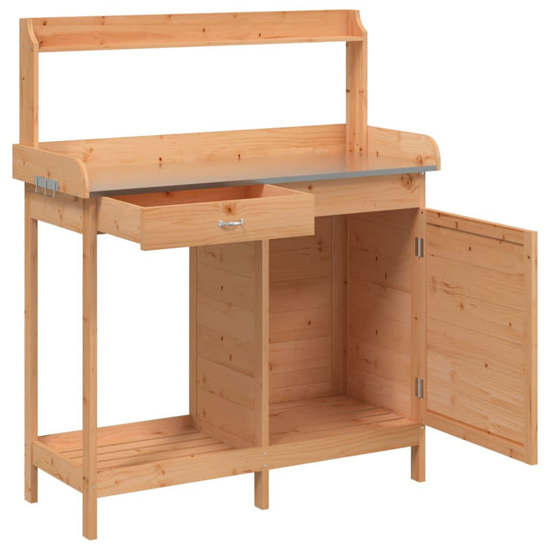 vidaXL Mobile Potting Table, Solid Fir Wood with Zinc Top, 110.5x45x124.5cm, Brown - Image 5 of 11