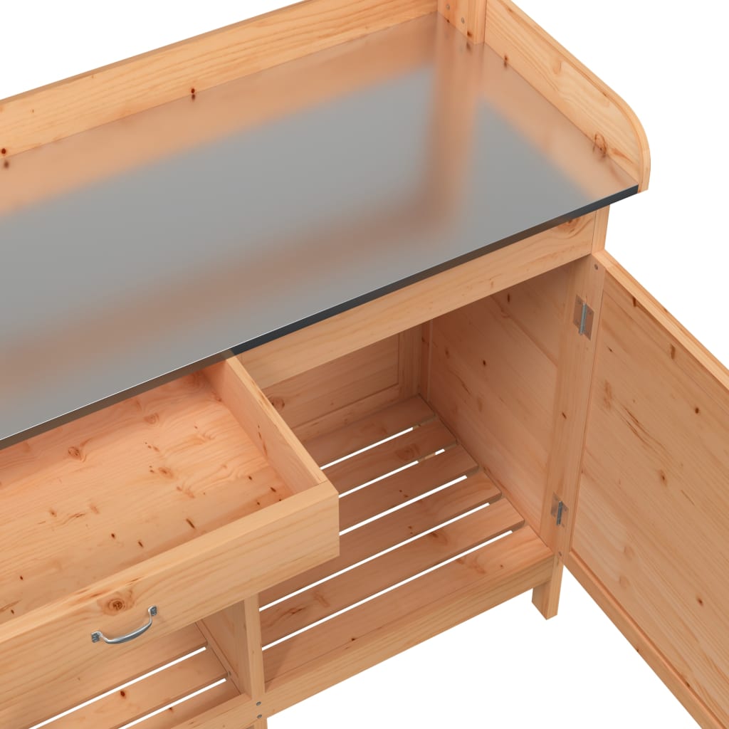 vidaXL Mobile Potting Table, Solid Fir Wood with Zinc Top, 110.5x45x124.5cm, Brown - Image 10 of 11