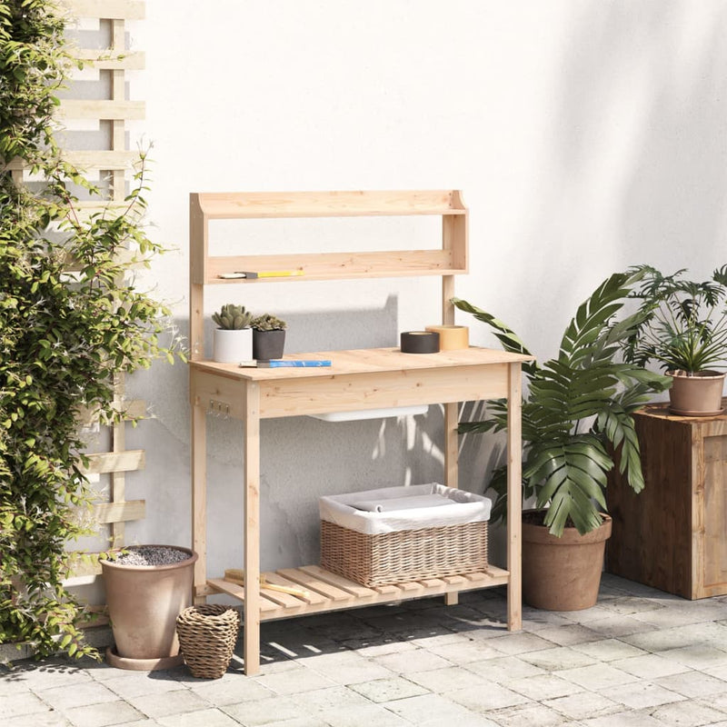 vidaXL Mesa de Trasplante con Fregadero de Madera Maciza de Abeto, 147,5x44x139,5 cm Marrón - Image 3 of 11