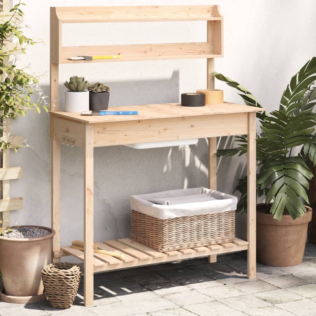 vidaXL Mesa de Trasplante con Fregadero de Madera Maciza de Abeto, 147,5x44x139,5 cm Marrón - Image 1 of 11
