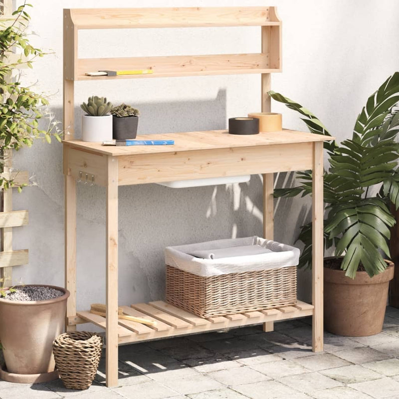 vidaXL Mesa de Trasplante con Fregadero de Madera Maciza de Abeto, 147,5x44x139,5 cm Marrón - Image 1 of 11