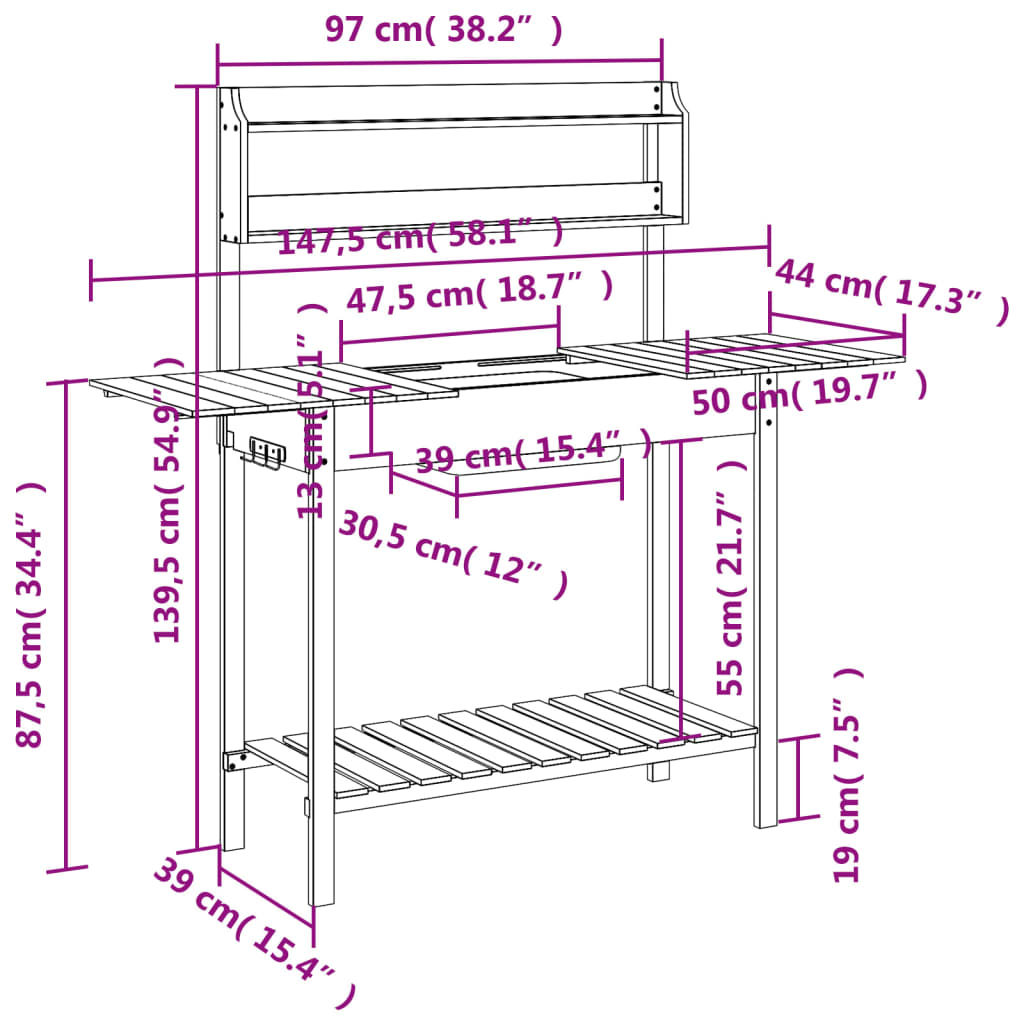 vidaXL Mesa de Trasplante con Fregadero de Abeto Macizo 147,5x44x139,5 cm Marrón - Image 11 of 11
