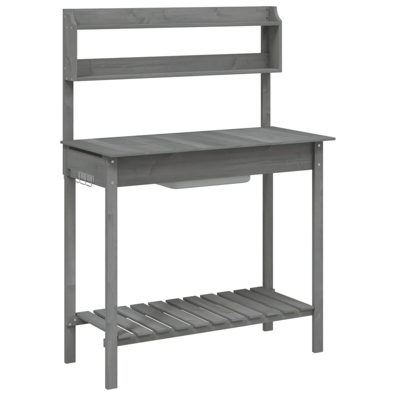 vidaXL Potting Table with Sink, Solid Fir Wood, 147.5x44x139.5 cm, Grey - Image 2 of 11