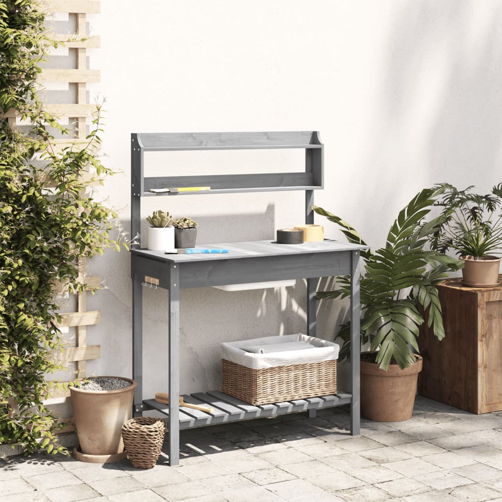 vidaXL Potting Table with Sink, Solid Fir Wood, 147.5x44x139.5 cm, Grey - Image 3 of 11