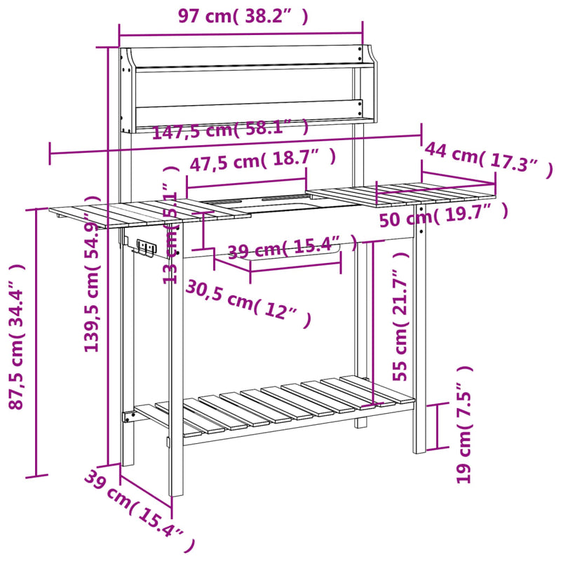 vidaXL Potting Table with Sink, Solid Fir Wood, 147.5x44x139.5 cm, Grey - Image 11 of 11